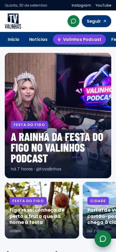 Site da TV Valinhos aberto no celular