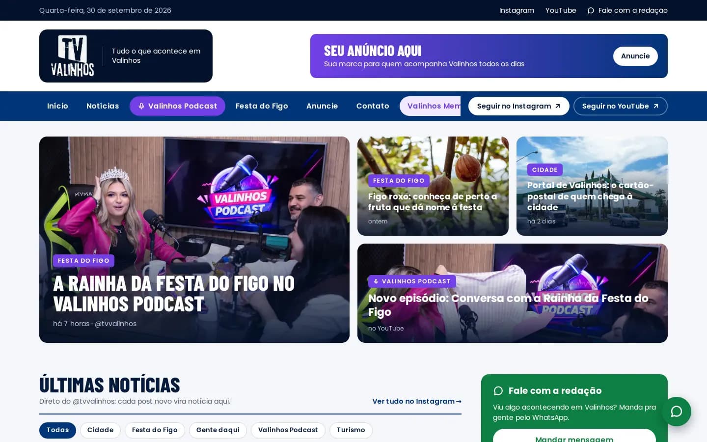 Página inicial do site da TV Valinhos