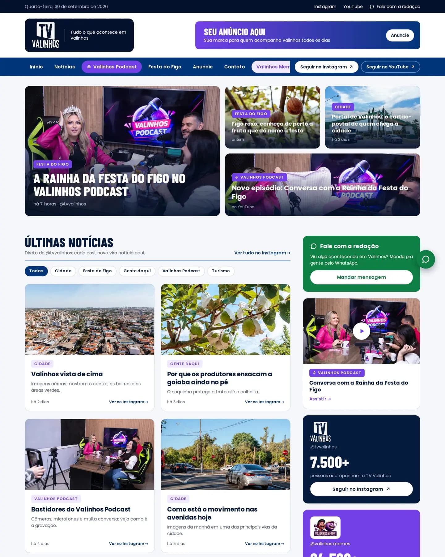 Página inicial do site da TV Valinhos, com destaques e últimas notícias