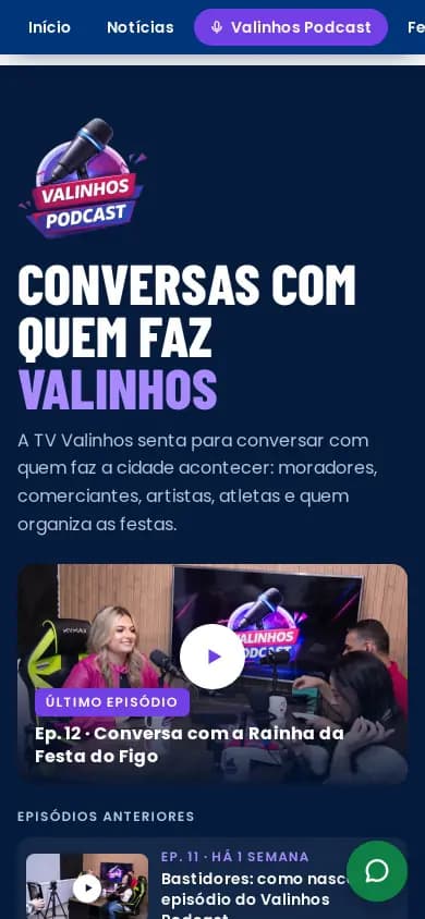 Site da TV Valinhos no celular: página do Valinhos Podcast